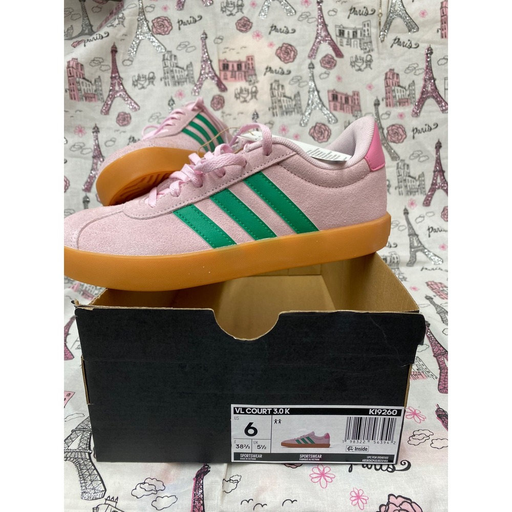 Adidas VL Court 3.0 K Pink Green Gum Suede Sneakers Kids Size 6 KI9260